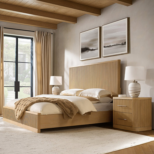 Modern Solid Wood Fluted Bed with Oak Texture