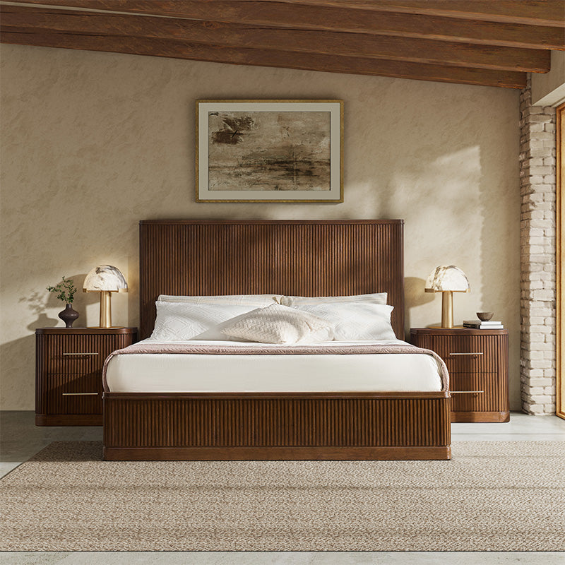 Fluted solid wood bed with oak finish, modern bedroom furniture made from real oak, durable and timeless.