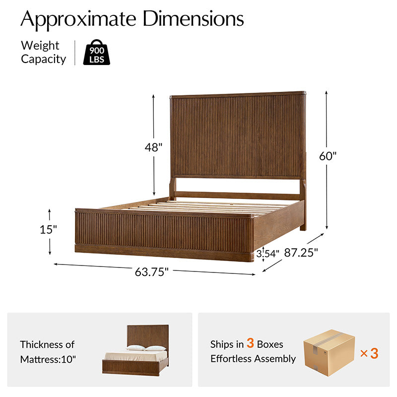 Modern Solid Wood Fluted Bed with Oak Texture