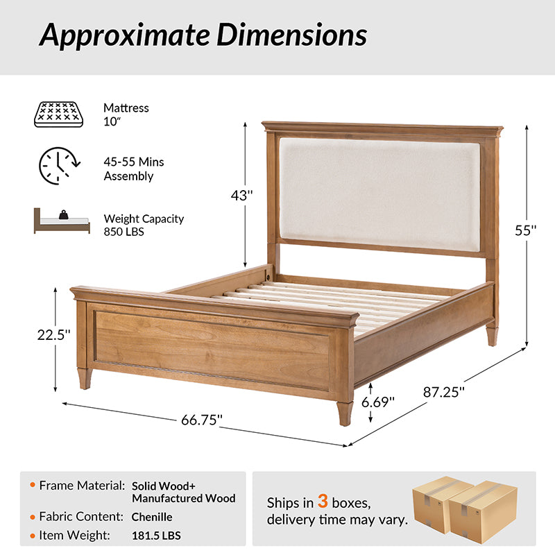 Transitional Solid Wood Bed with Upholstered Headboard
