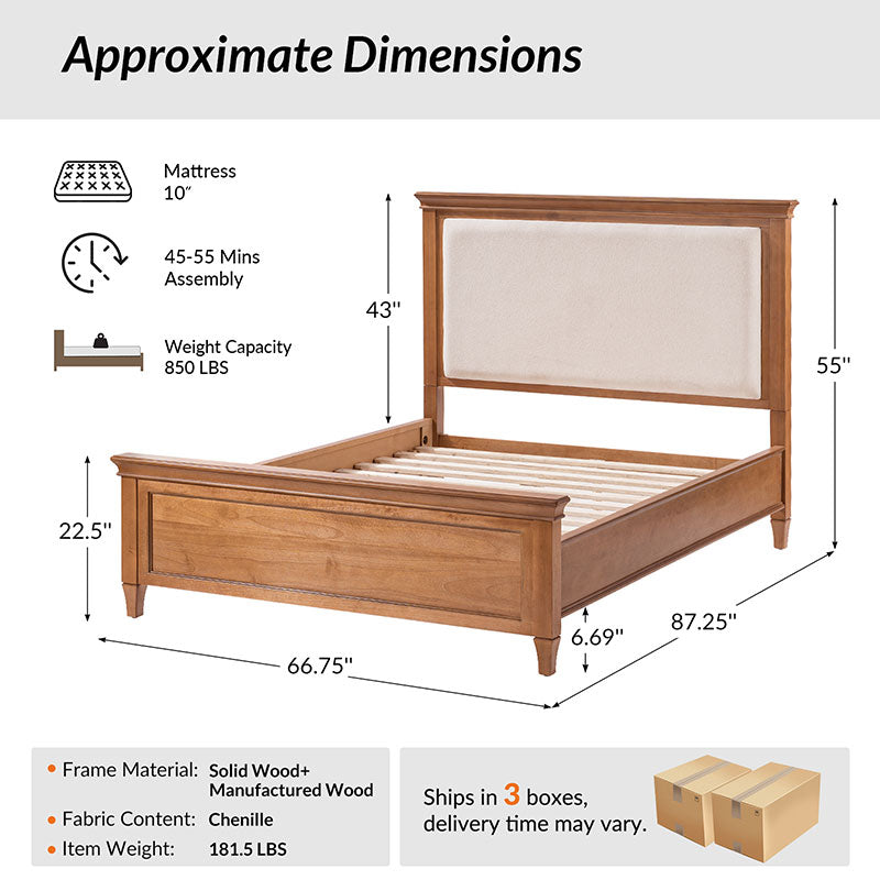 Transitional Solid Wood Bed with Upholstered Headboard