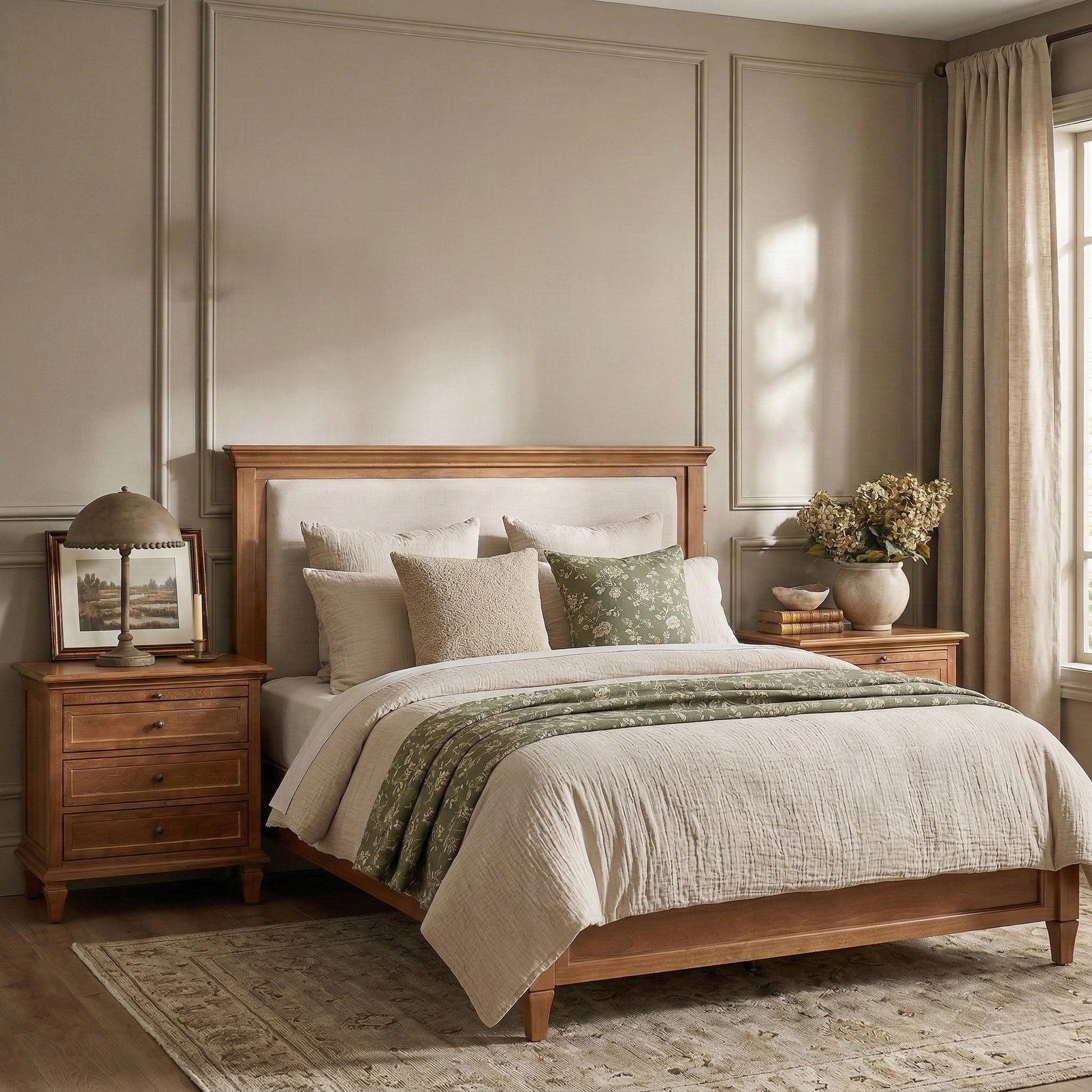 Mornay Transitional Solid Wood Bed with Upholstered Headboard