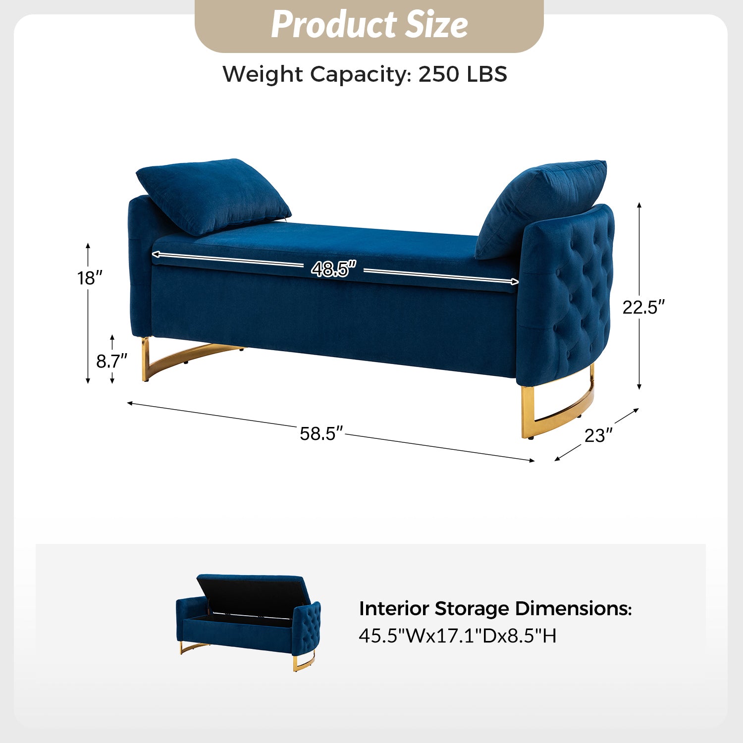 Hulala Home Angelo Upholstered Flip Top Storage Bench Navy