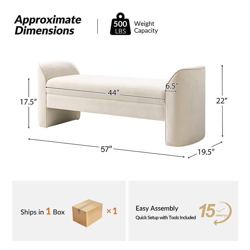 Diana 57" Wide Modern Chenille Upholstered Bench with Piped Edges and Foam Cushion