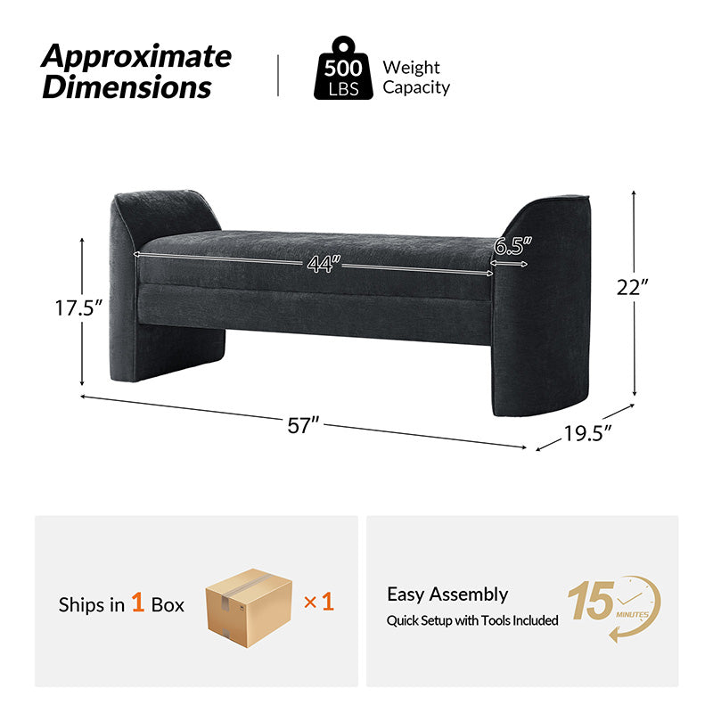 Diana 57" Wide Modern Chenille Upholstered Bench with Piped Edges and Foam Cushion