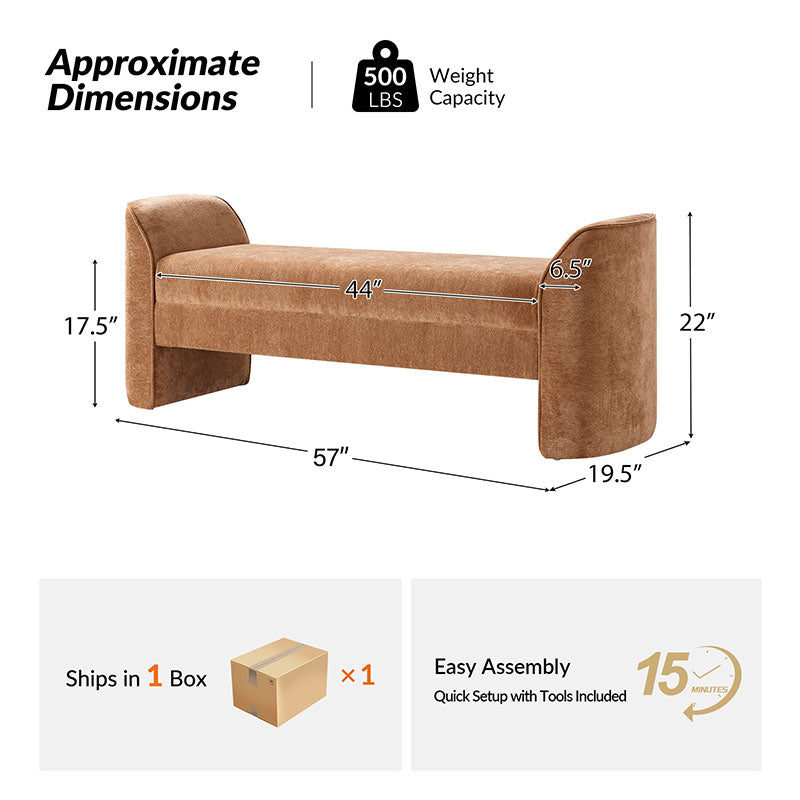 Diana 57" Wide Modern Chenille Upholstered Bench with Piped Edges and Foam Cushion