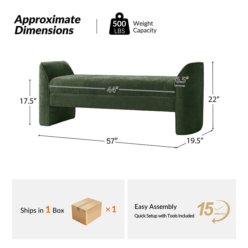 Diana 57" Wide Modern Chenille Upholstered Bench with Piped Edges and Foam Cushion