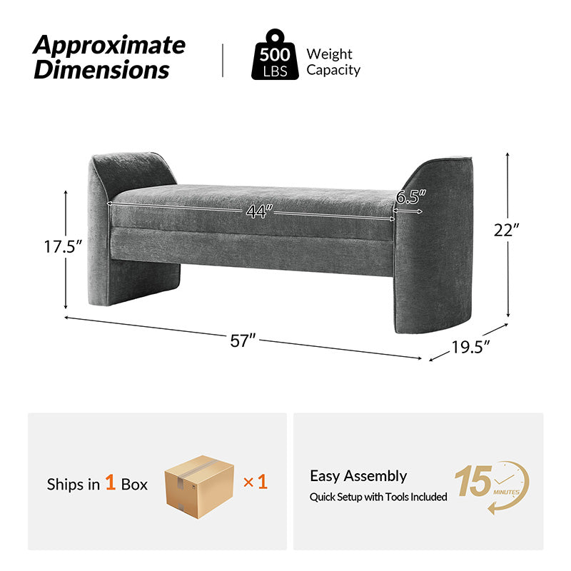 Diana 57" Wide Modern Chenille Upholstered Bench with Piped Edges and Foam Cushion