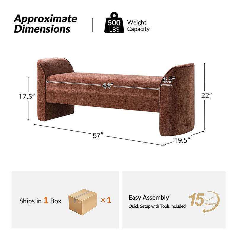 Diana 57" Wide Modern Chenille Upholstered Bench with Piped Edges and Foam Cushion