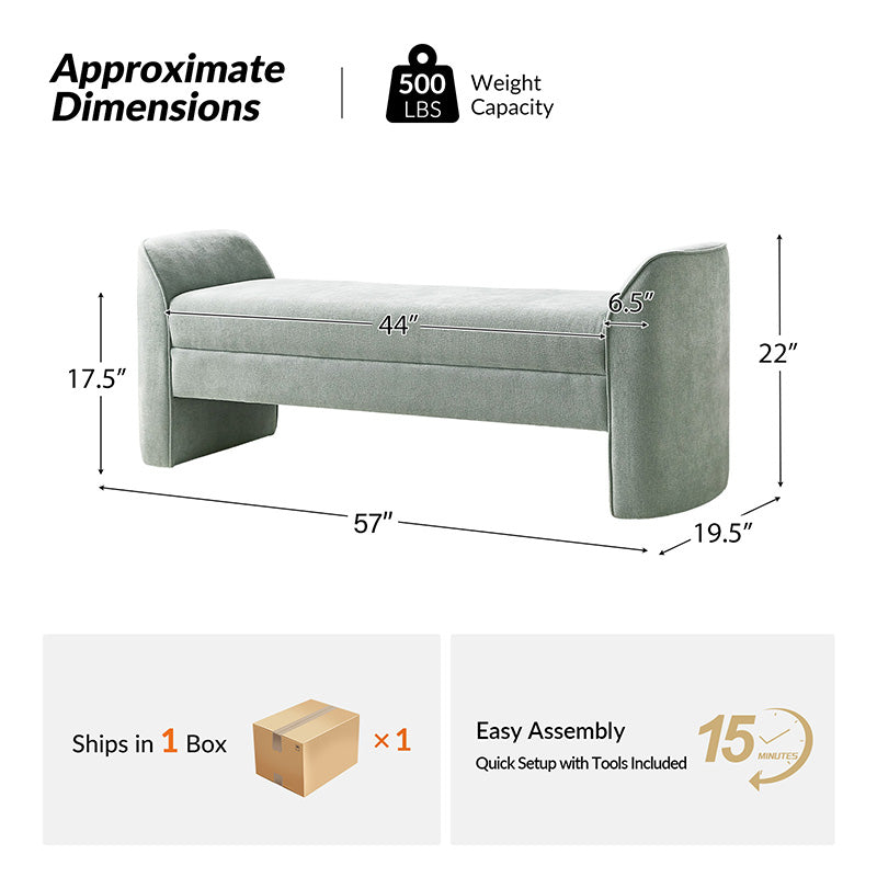 Diana 57" Wide Modern Chenille Upholstered Bench with Piped Edges and Foam Cushion