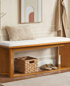 Mid-Century Modern Wood Bench with Open Shoe Storage Shelf