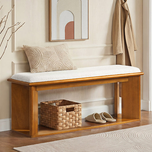 Mid-Century Modern Wood Bench with Open Shoe Storage Shelf