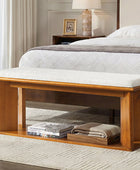 Mid-Century Modern Wood Bench with Open Shoe Storage Shelf