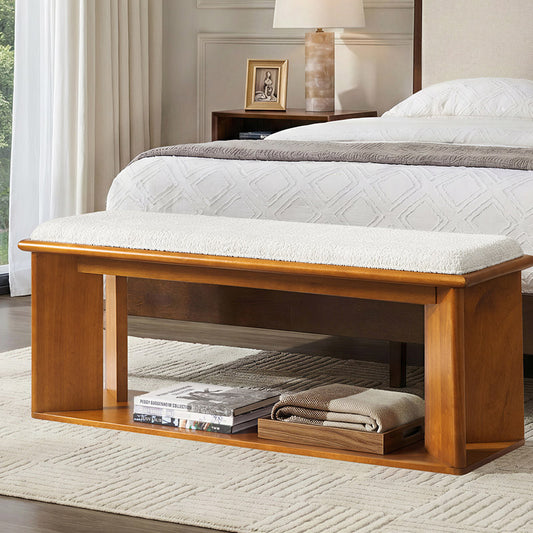 Mid-Century Modern Wood Bench with Open Shoe Storage Shelf