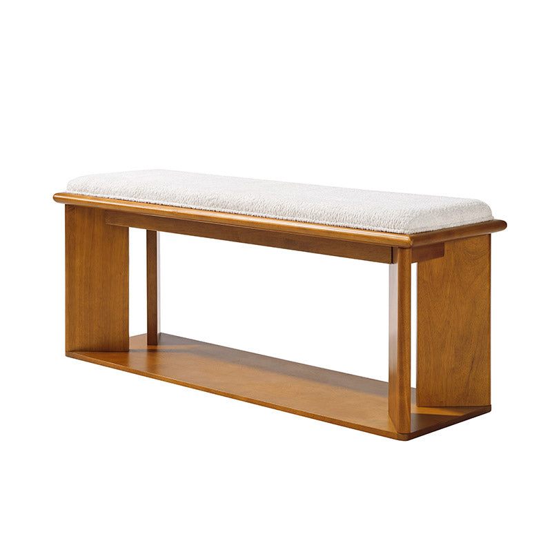 Mid-Century Modern Wood Bench with Open Shoe Storage Shelf