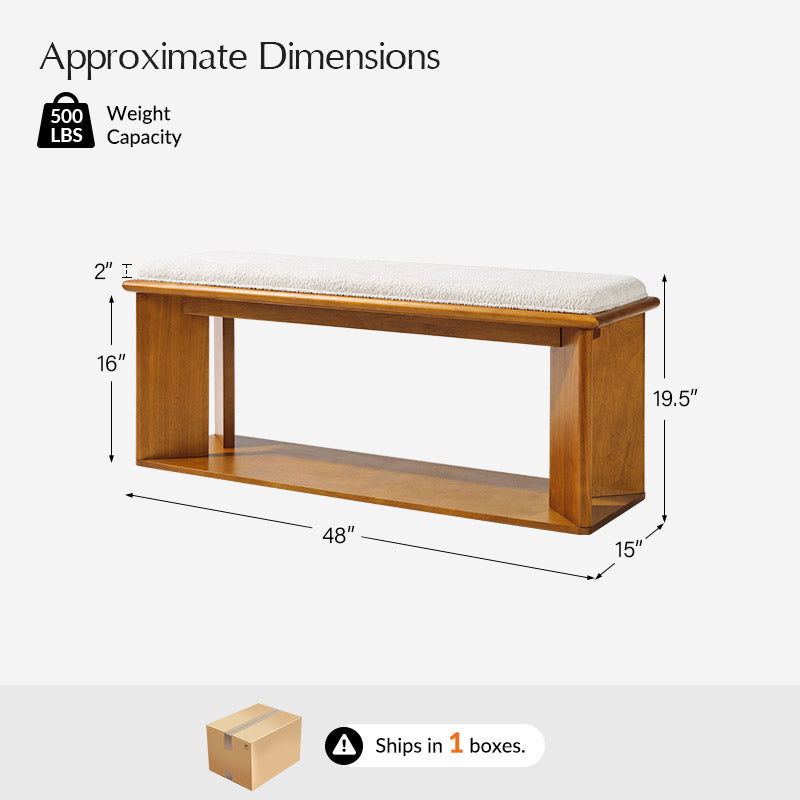 Mid-Century Modern Wood Bench with Open Shoe Storage Shelf