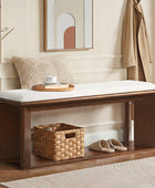 Mid-Century Modern Wood Bench with Open Shoe Storage Shelf