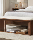 Mid-Century Modern Wood Bench with Open Shoe Storage Shelf