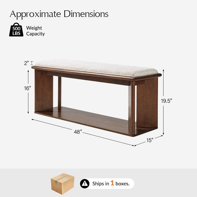 Mid-Century Modern Wood Bench with Open Shoe Storage Shelf