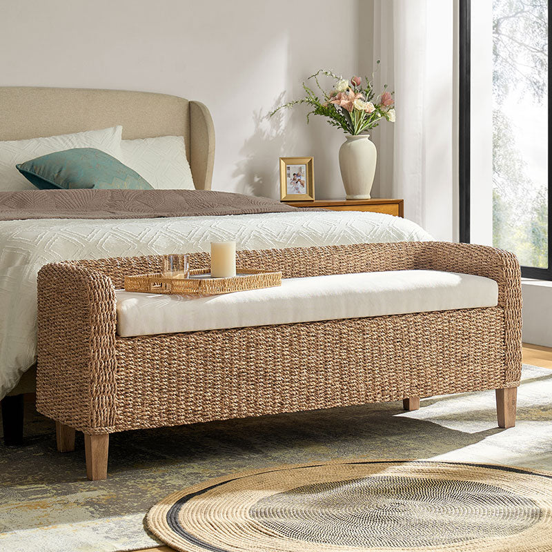 Rattan Bench with Storage and Cream Cushion HULALA HOME