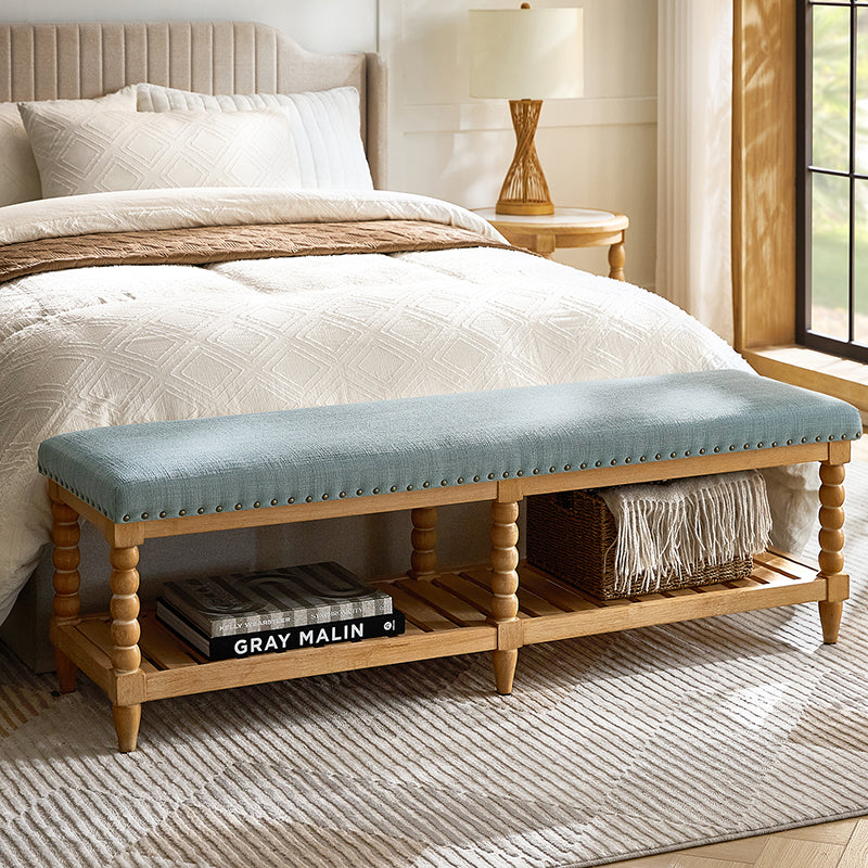 Felipa Farmhouse Rustic Wood Bench with Upholstered Seat and Storage Shelf