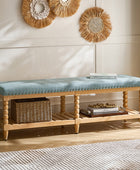Felipa Farmhouse Rustic Wood Bench with Upholstered Seat and Storage Shelf