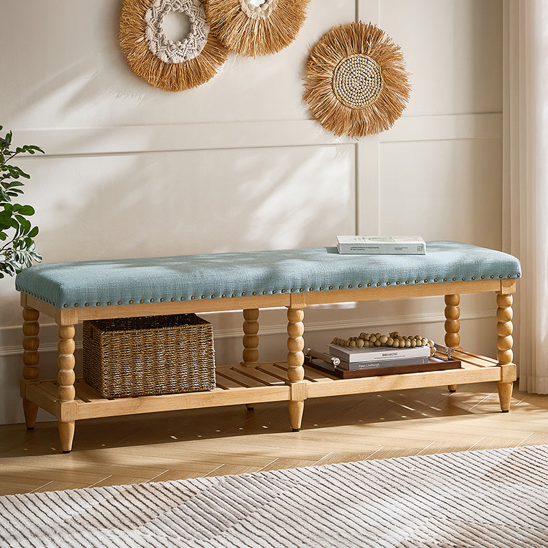 Felipa Farmhouse Rustic Wood Bench with Upholstered Seat and Storage Shelf