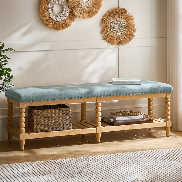 Felipa Farmhouse Rustic Wood Bench with Upholstered Seat and Storage Shelf