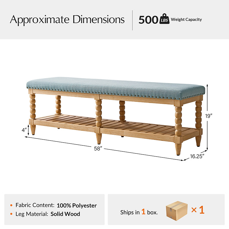 Felipa Farmhouse Rustic Wood Bench with Upholstered Seat and Storage Shelf