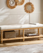 Felipa Farmhouse Rustic Wood Bench with Upholstered Seat and Storage Shelf