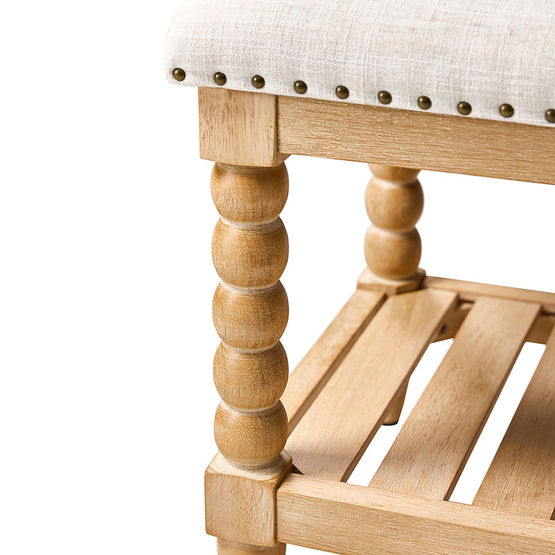 Felipa Farmhouse Rustic Wood Bench with Upholstered Seat and Storage Shelf