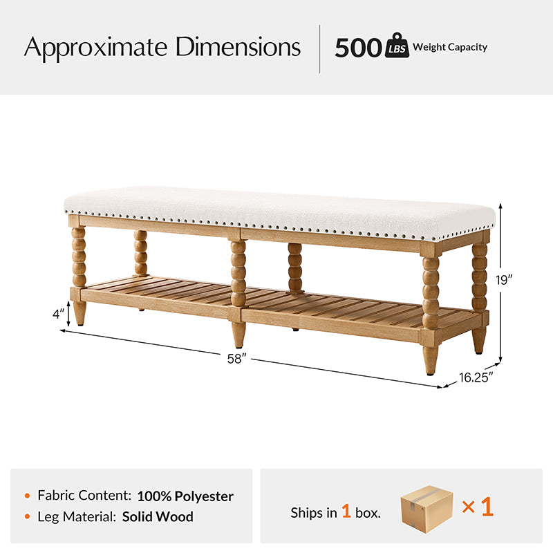 Felipa Farmhouse Rustic Wood Bench with Upholstered Seat and Storage Shelf