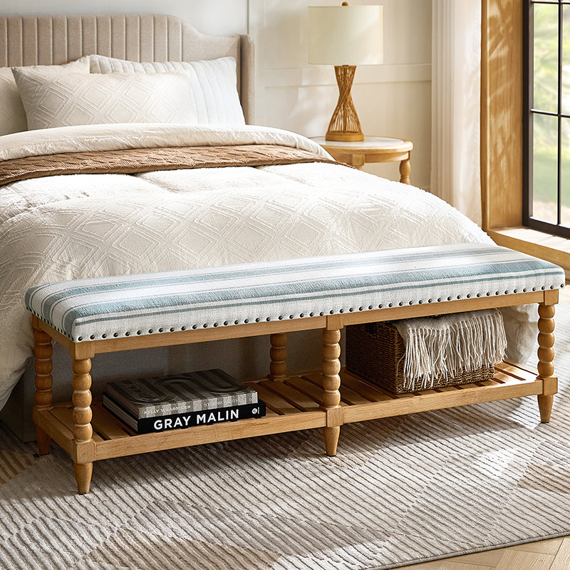 Felipa Farmhouse Rustic Wood Bench with Upholstered Seat and Storage Shelf