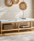 Felipa Farmhouse Rustic Wood Bench with Upholstered Seat and Storage Shelf