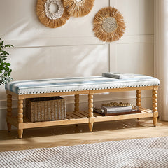 Felipa Farmhouse Rustic Wood Bench with Upholstered Seat and Storage Shelf