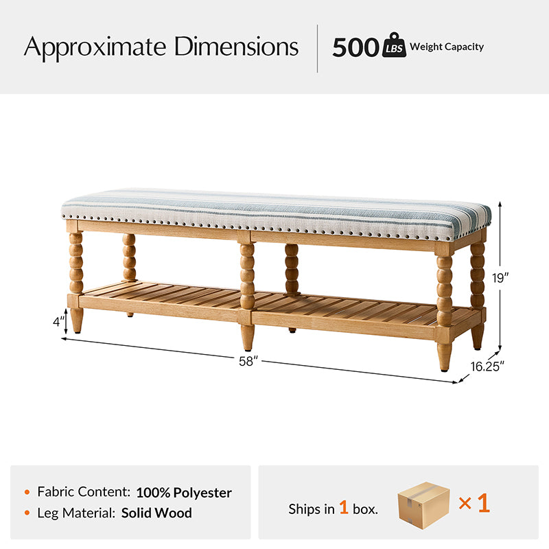 Felipa Farmhouse Rustic Wood Bench with Upholstered Seat and Storage Shelf