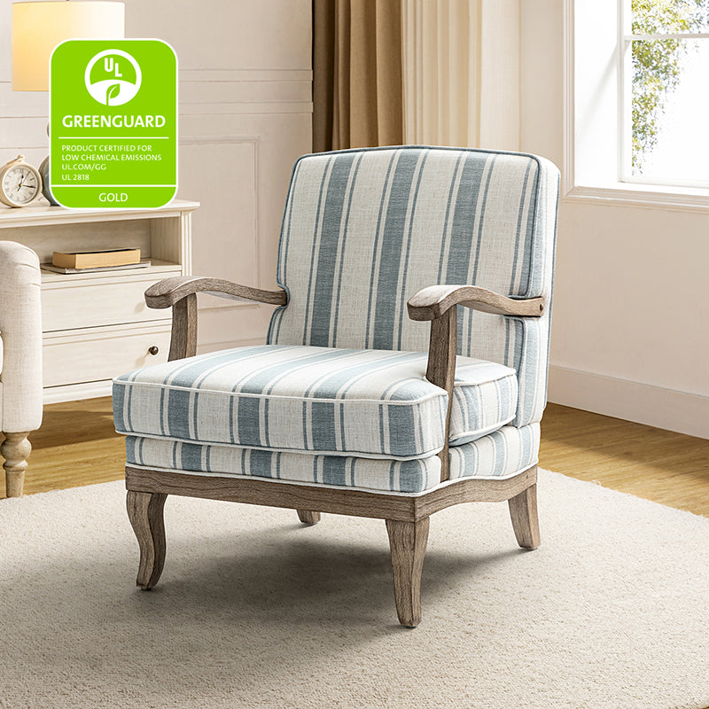 Randolph Romantic Upholstered Stripes Armchair with Solid Wood Armrests