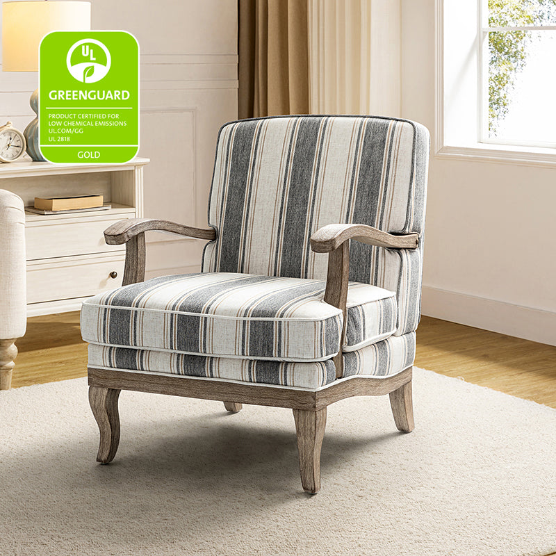 Randolph Romantic Upholstered Stripes Armchair with Solid Wood Armrests