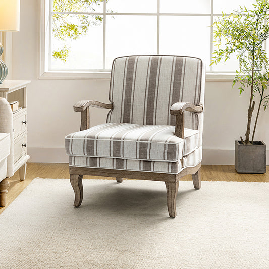 Randolph Romantic Upholstered Stripes Armchair with Solid Wood Armrests