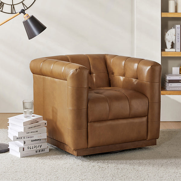 Feodor Genuine Leather Mid-Century Modern Style Swivel Chair