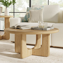 Gala Modern Round Coffee Table with Oak Veneer Top & Wood Legs