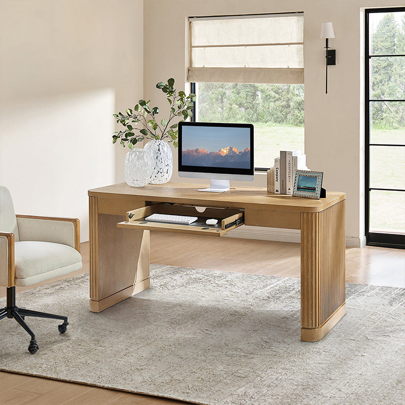 Modern Desk with Power Outlets and Fluted Wood Legs