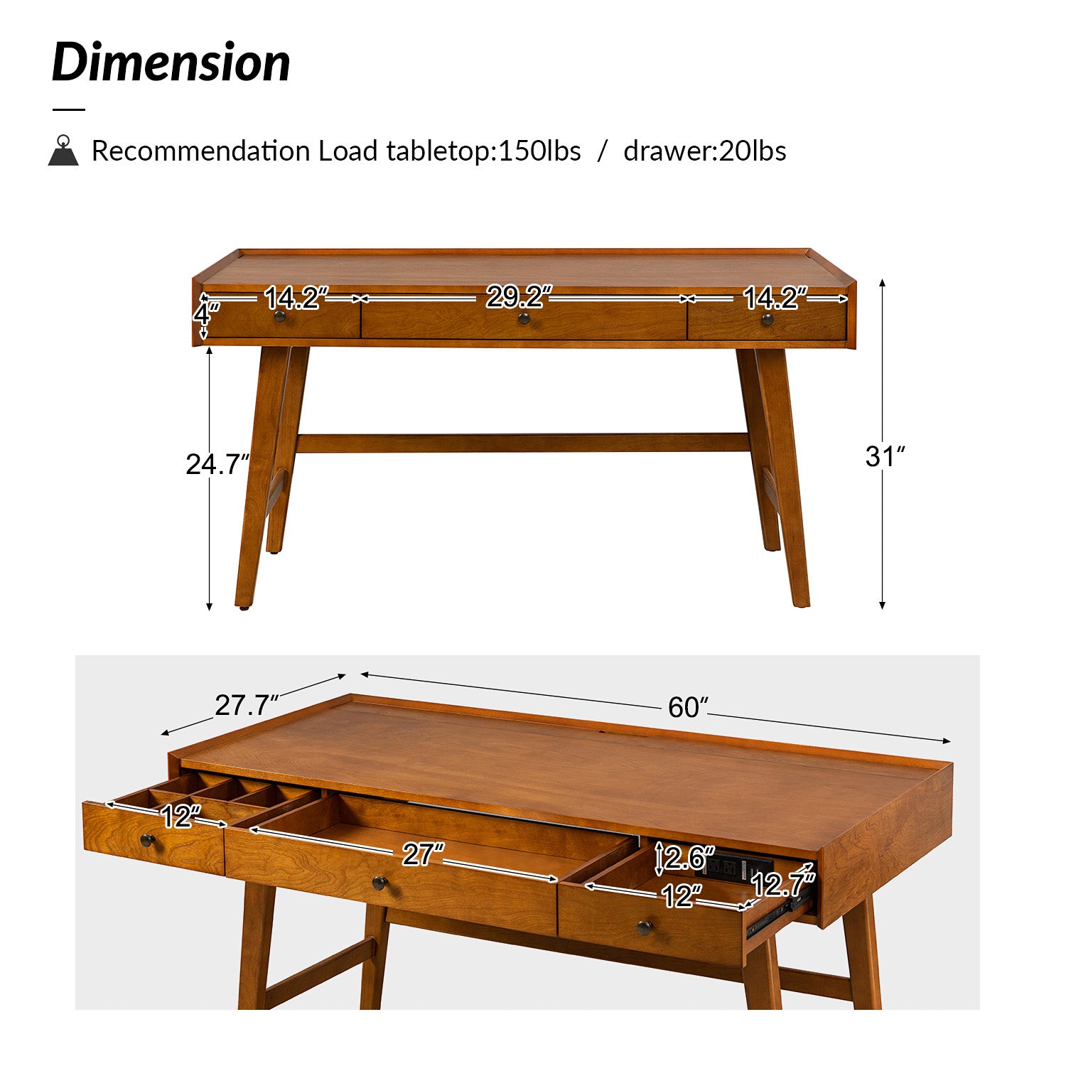 Charlotte Mid-century Modern 60" Computer Desk with Cable Management & Charging Station