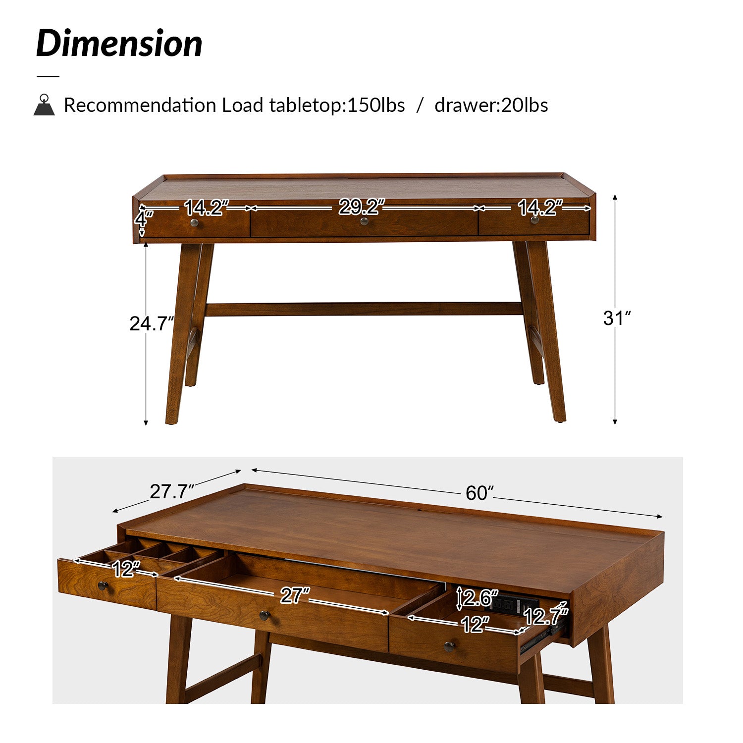 Charlotte Mid-century Modern 60" Computer Desk with Cable Management & Charging Station