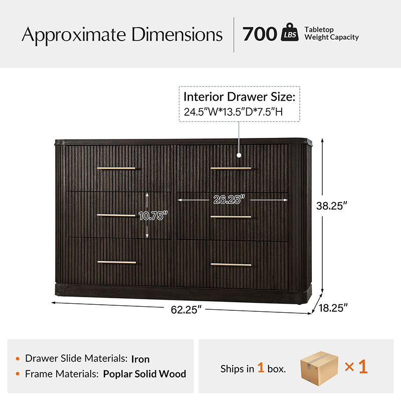 Modern Solid Wood Fluted Dresser with 6 Drawers & Oak Texture