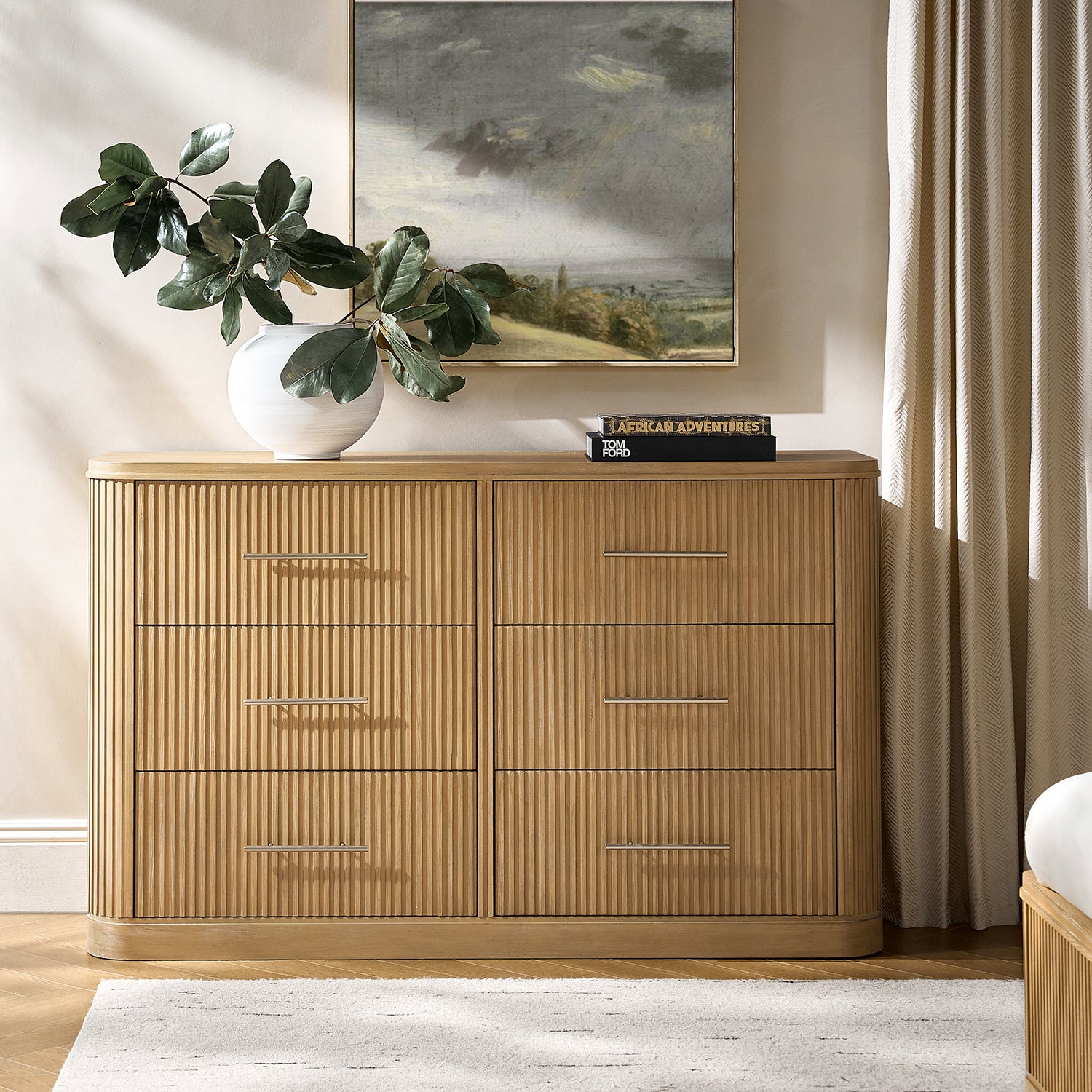 Modern Solid Wood Fluted Dresser with 6 Drawers & Oak Texture