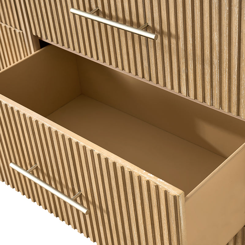 Verral Modern Solid Wood Fluted Dresser with 6 Drawers & Oak Texture