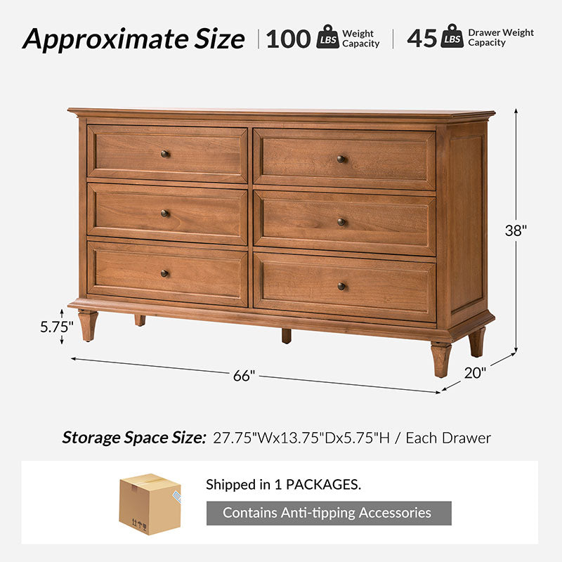 Robbie Transitional Solid Wood 6-Drawer Dresser for Bedroom Storage