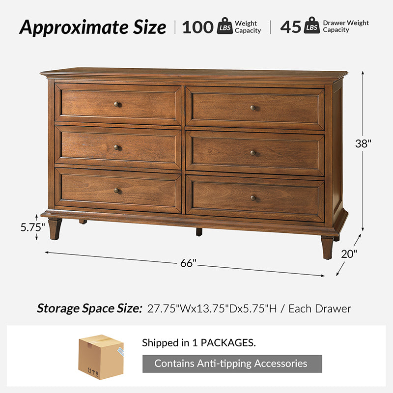 Mornay Transitional Solid Wood 6-Drawer Dresser for Bedroom Storage