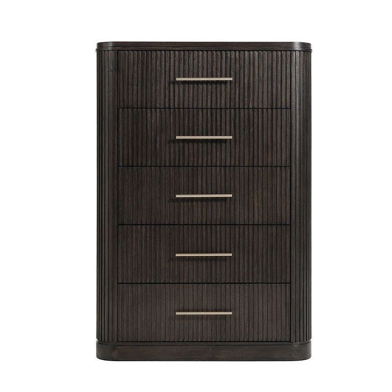 Modern Solid Wood Fluted Chest with 5 Drawers & Oak Texture